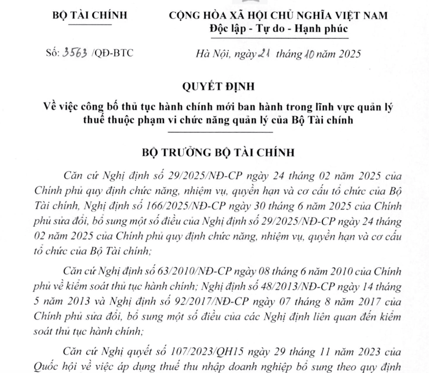 Regulatory Update: Decision No. 3563/QĐ-BTC on New Global Minimum Tax (GMT) Administrative Procedures