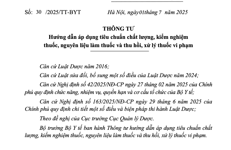 Regulatory Update: Circular No. 30/2025/TT-BYT on Quality Standards, Testing, and Recall of Drugs